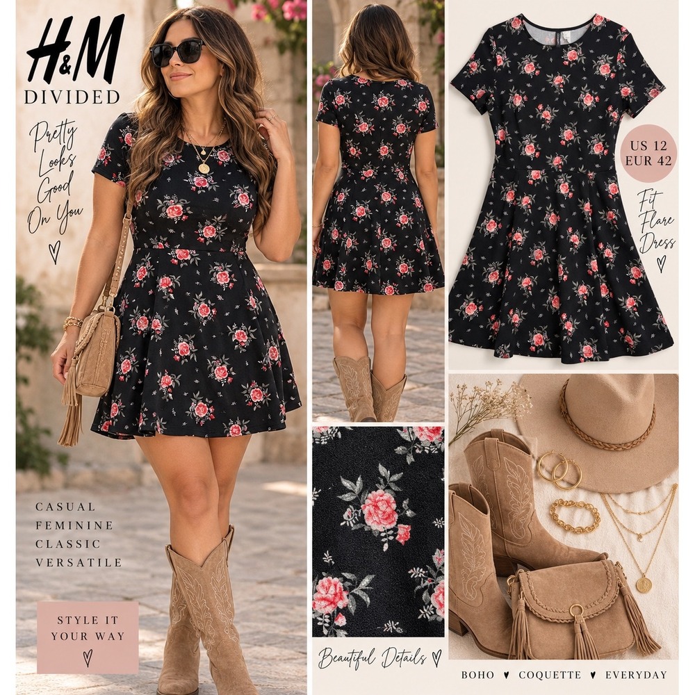H&M Divided Black Pink Floral Fit and Flare Mini Dress Size 12 Short Sleeve